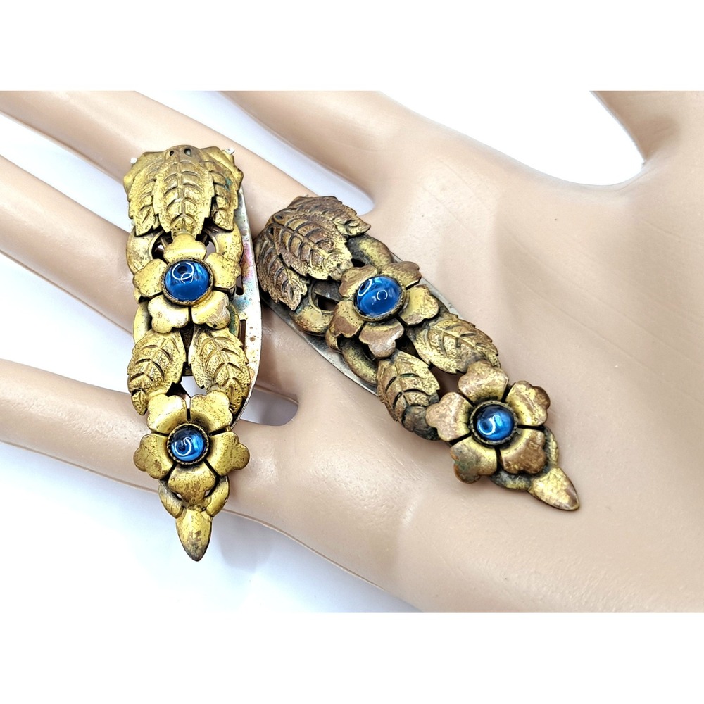 Antique Dress Clip Set Brasstone Floral Cobalt Blue Glass Cabochons Czech